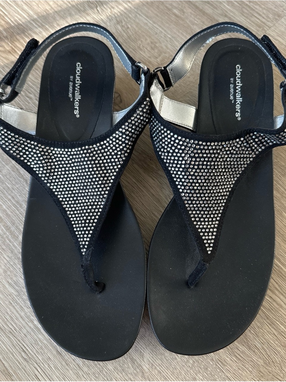 cloudwalkers Black Rhinestone T-Strap Sandals with Silver Accents